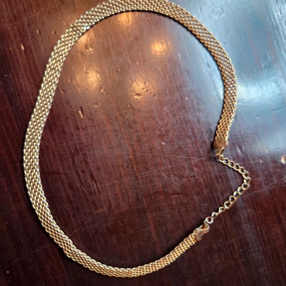 Vintage Gold Tone Woven Mesh Choker Necklace, Flat Collar Chain, 14.25 inches